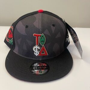 Black and Gray Fitted Hat with Red and Green Embroidery
